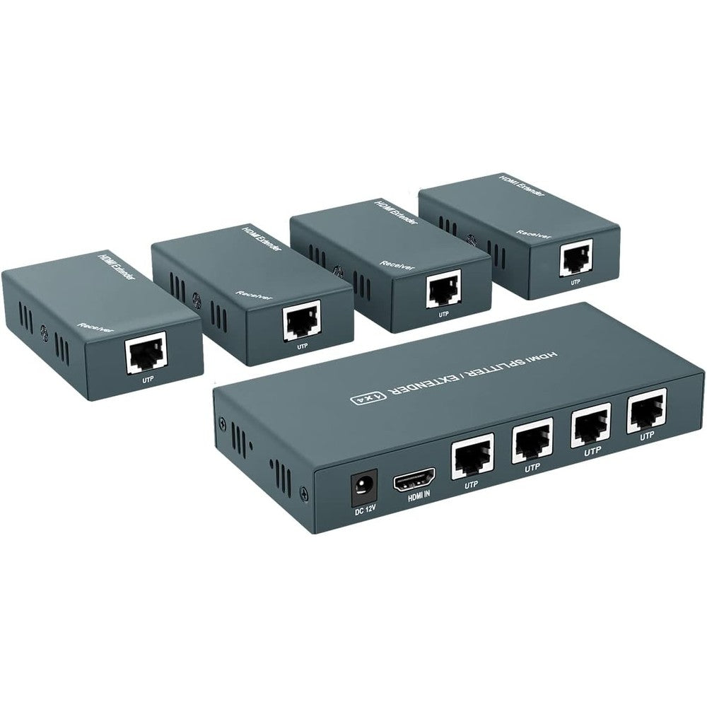 Steetek AAO HDMI extender splitter main transmitter and four receiver units shown from the front angle