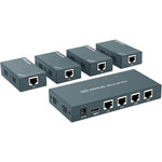 Steetek AAO HDMI extender splitter main transmitter and four receiver units shown from the front angle