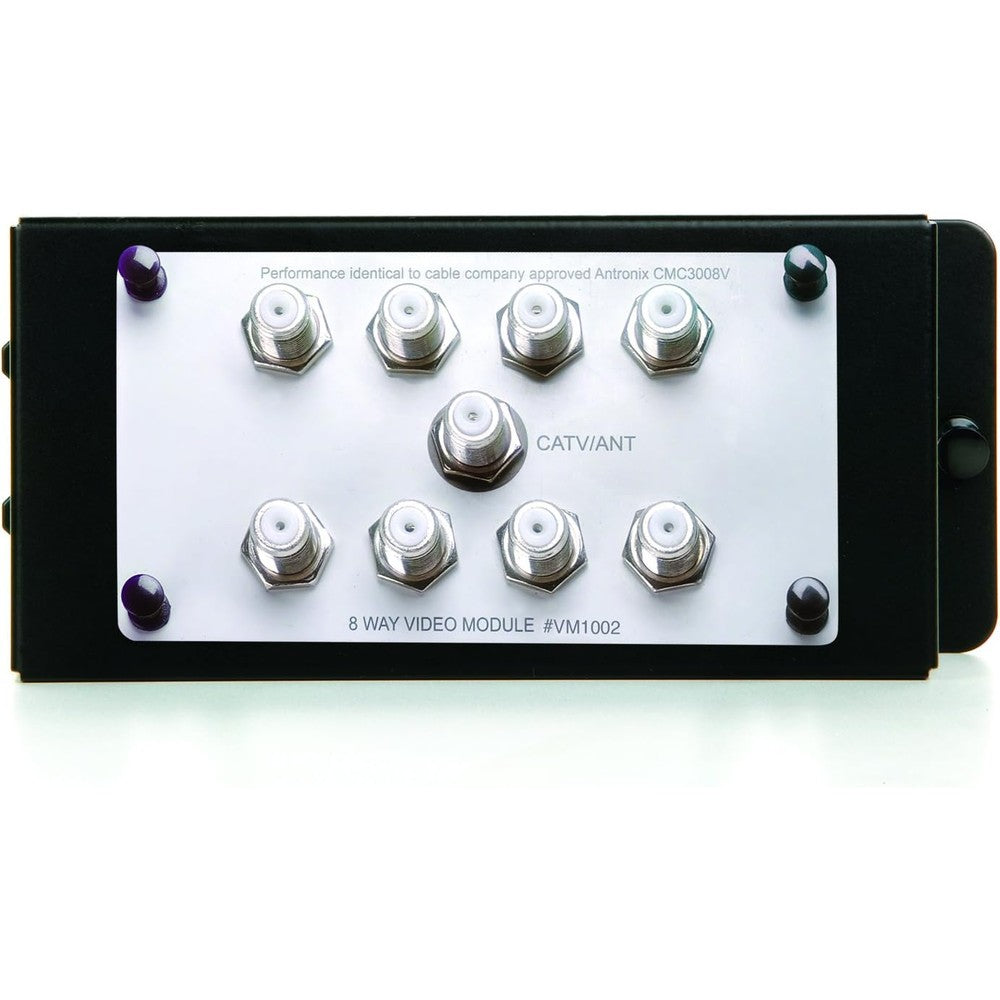 On-Q Legrand passive video splitter front view showcasing eight output ports.