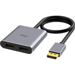 Fairikabe DisplayPort to dual DisplayPort splitter adapter front view showing matte gray aluminum housing