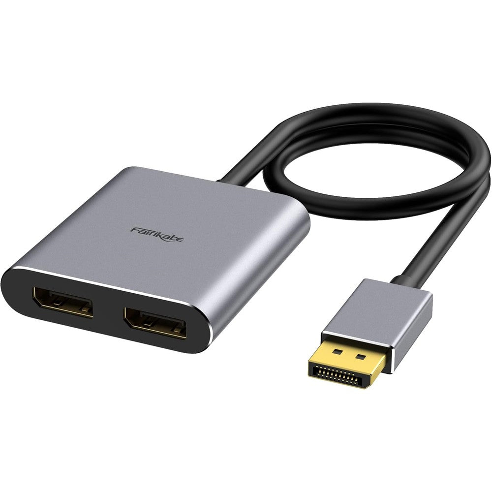 Fairikabe DisplayPort to dual DisplayPort splitter adapter front view showing matte gray aluminum housing