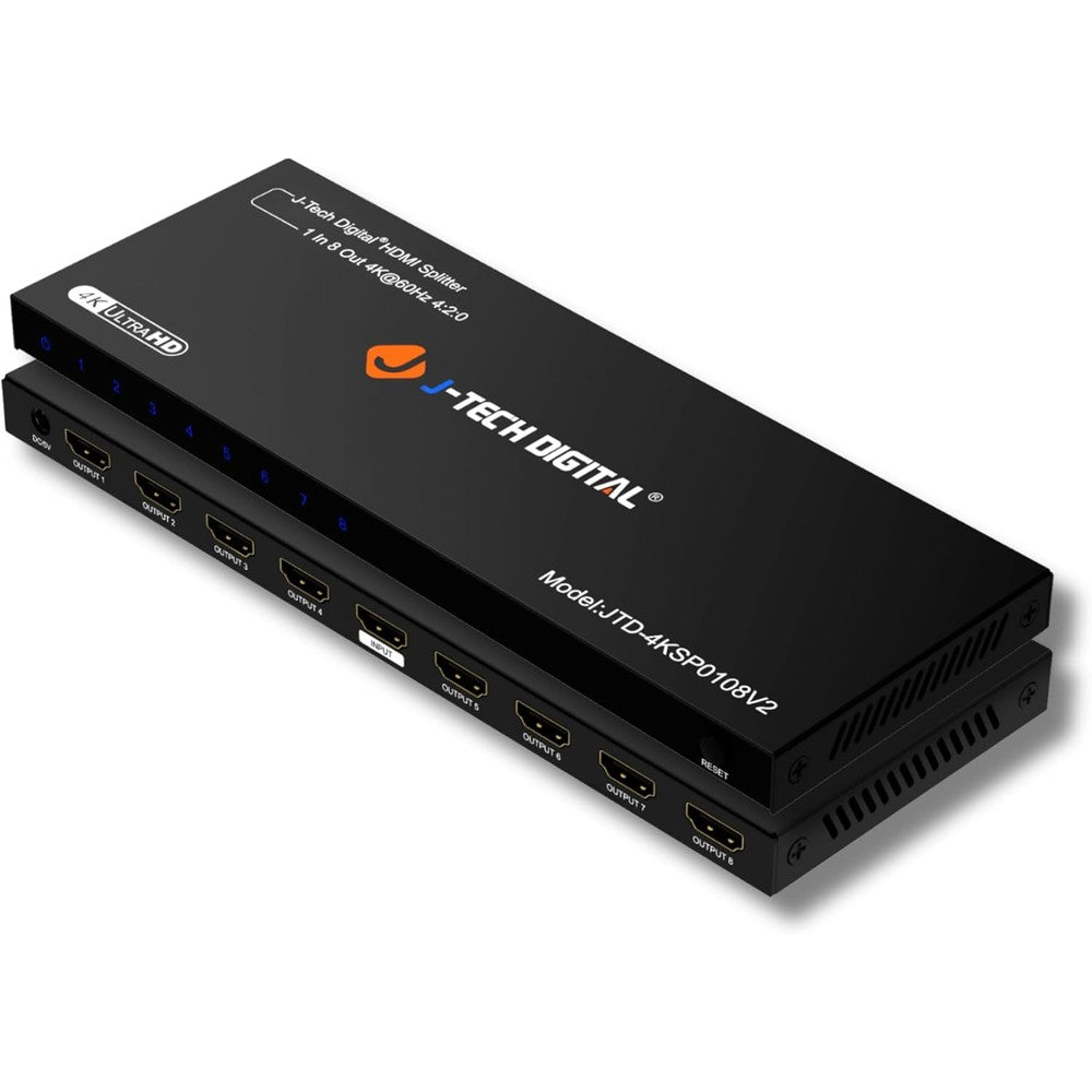 J-Tech Digital 1 In 8 Out 4K HDMI Splitter front view showing premium metal casing and indicator lights.