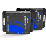 Orei HDMI over Ethernet extender front view showing the dual transmitter and receiver metal enclosures