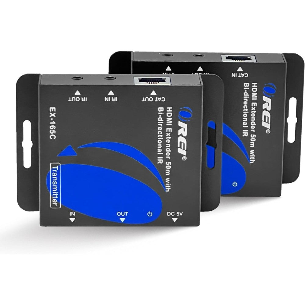 Orei HDMI over Ethernet extender front view showing the dual transmitter and receiver metal enclosures