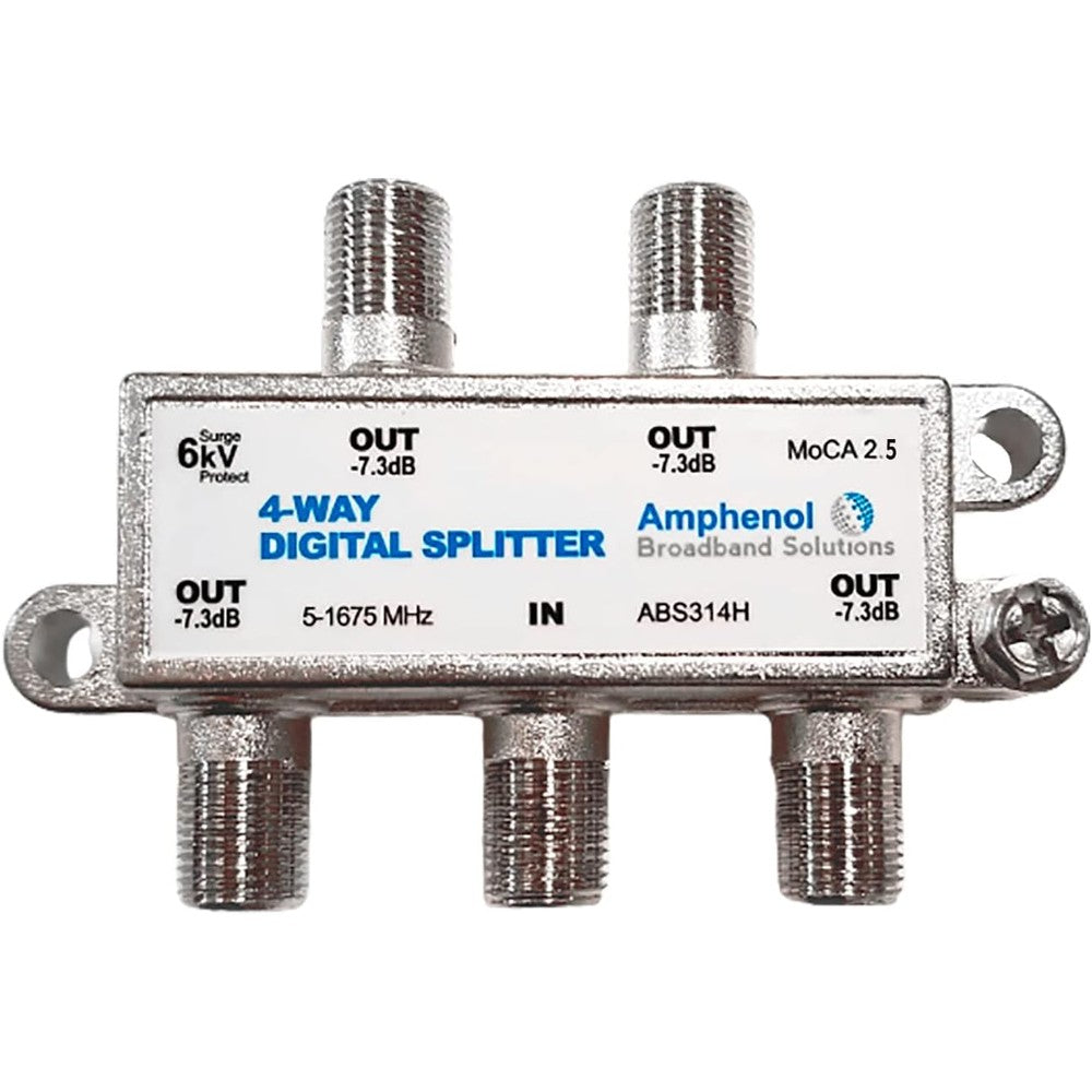 Amphenol 4-Way Digital Coaxial Splitter MoCA 2.5 ABS314H front view showing four output ports and main input port