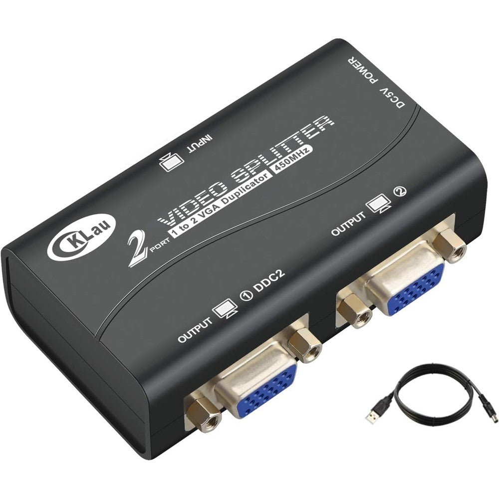 CKLau 2 port VGA splitter amplifier box front view showing durable metal housing and input port