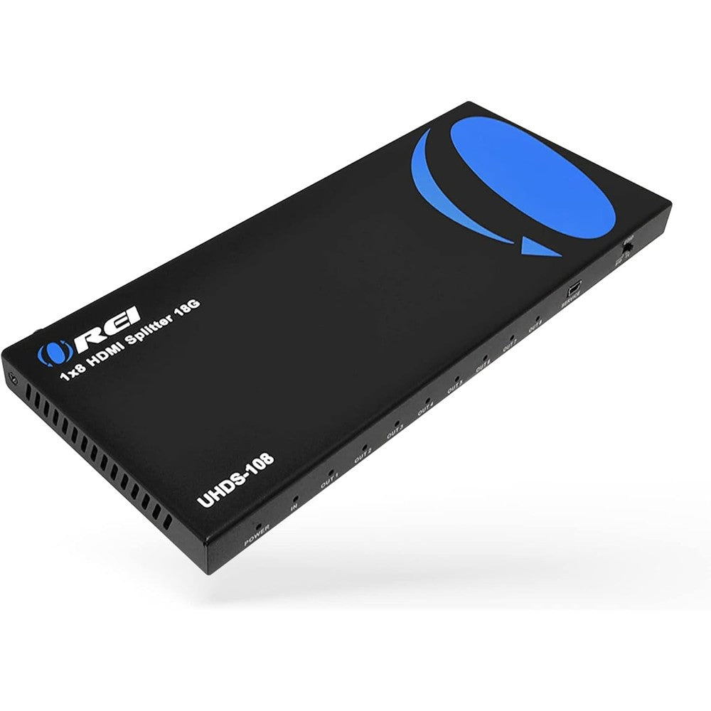 Orei 4K 1 in 8 out HDMI splitter front view showing power indicators and heavy-duty metal design