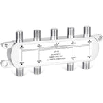 NEWCARE digital 8 way coaxial cable splitter front view showcasing inputs and zinc alloy body