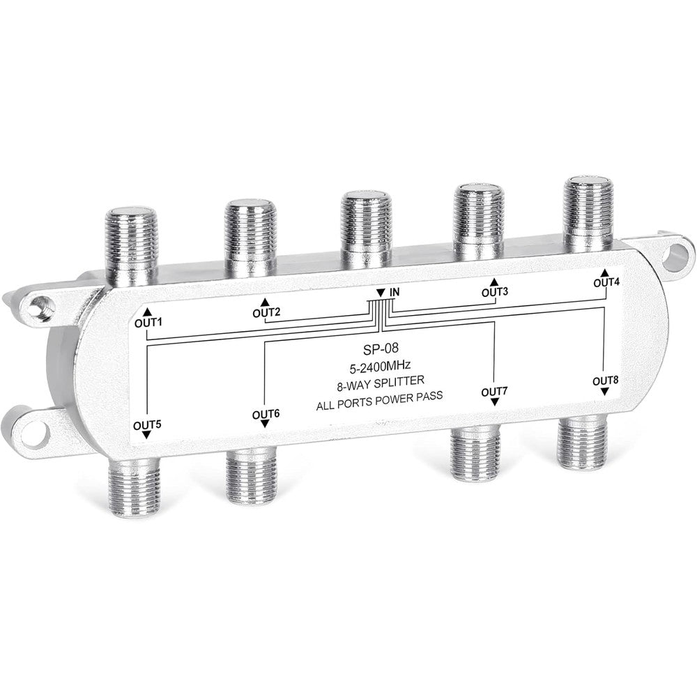 NEWCARE digital 8 way coaxial cable splitter front view showcasing inputs and zinc alloy body