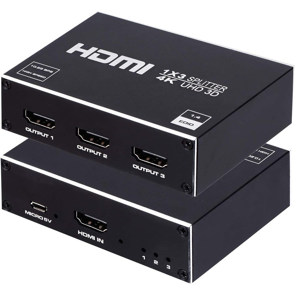 ENBUER 1x3 HDMI Splitter front view displaying the primary input port and power indicator light.