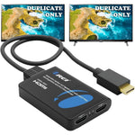 Orei 4K HDMI Splitter front view showing dual output ports and integrated input cable