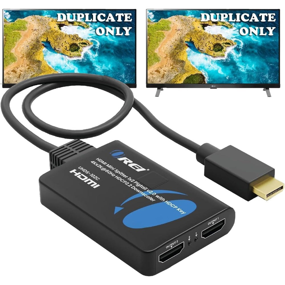 Orei 4K HDMI Splitter front view showing dual output ports and integrated input cable