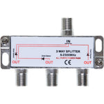 Cables Direct Online 3 way coaxial splitter front view showcasing heavy duty metal housing.