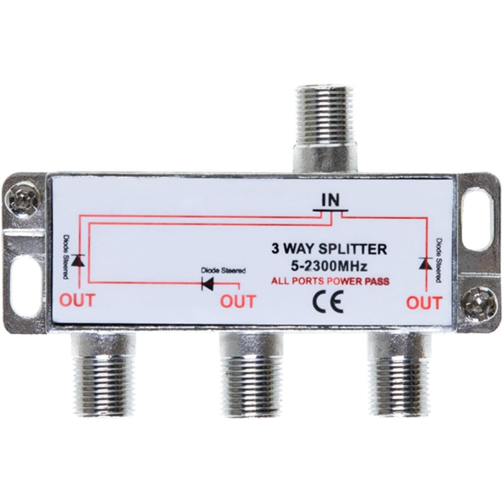 Cables Direct Online 3 way coaxial splitter front view showcasing heavy duty metal housing.