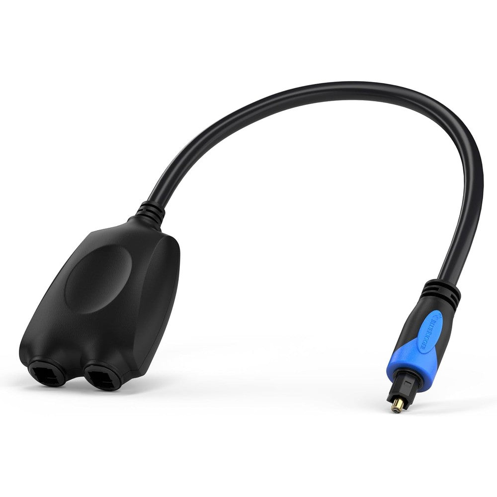 BlueRigger 1x2 Toslink Digital Fiber Optic Audio Splitter front view showing the male input and dual female outputs.