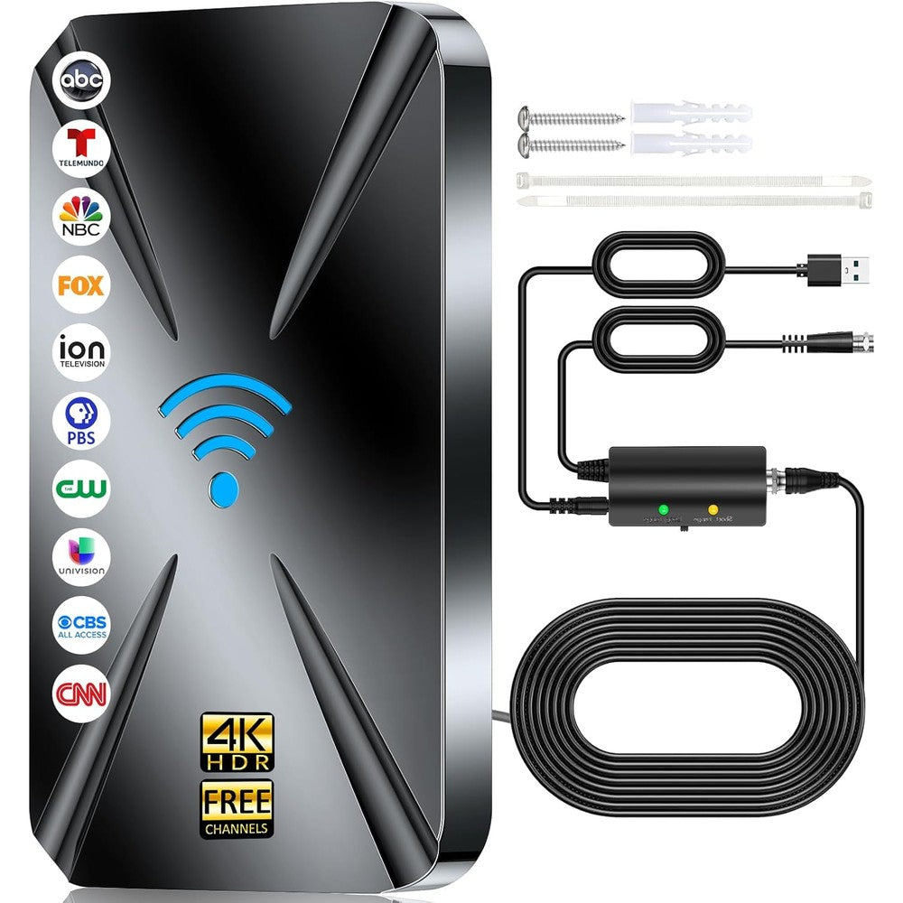 NewFoot upgraded digital television antenna front view displaying sleek black omnidirectional design.