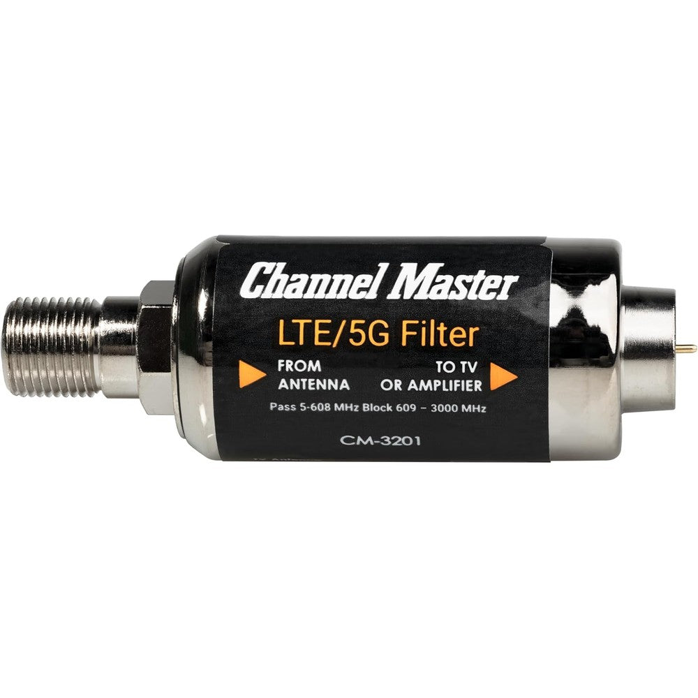 Channel Master LTE 5G signal filter front view showing premium coaxial connections for television antennas.