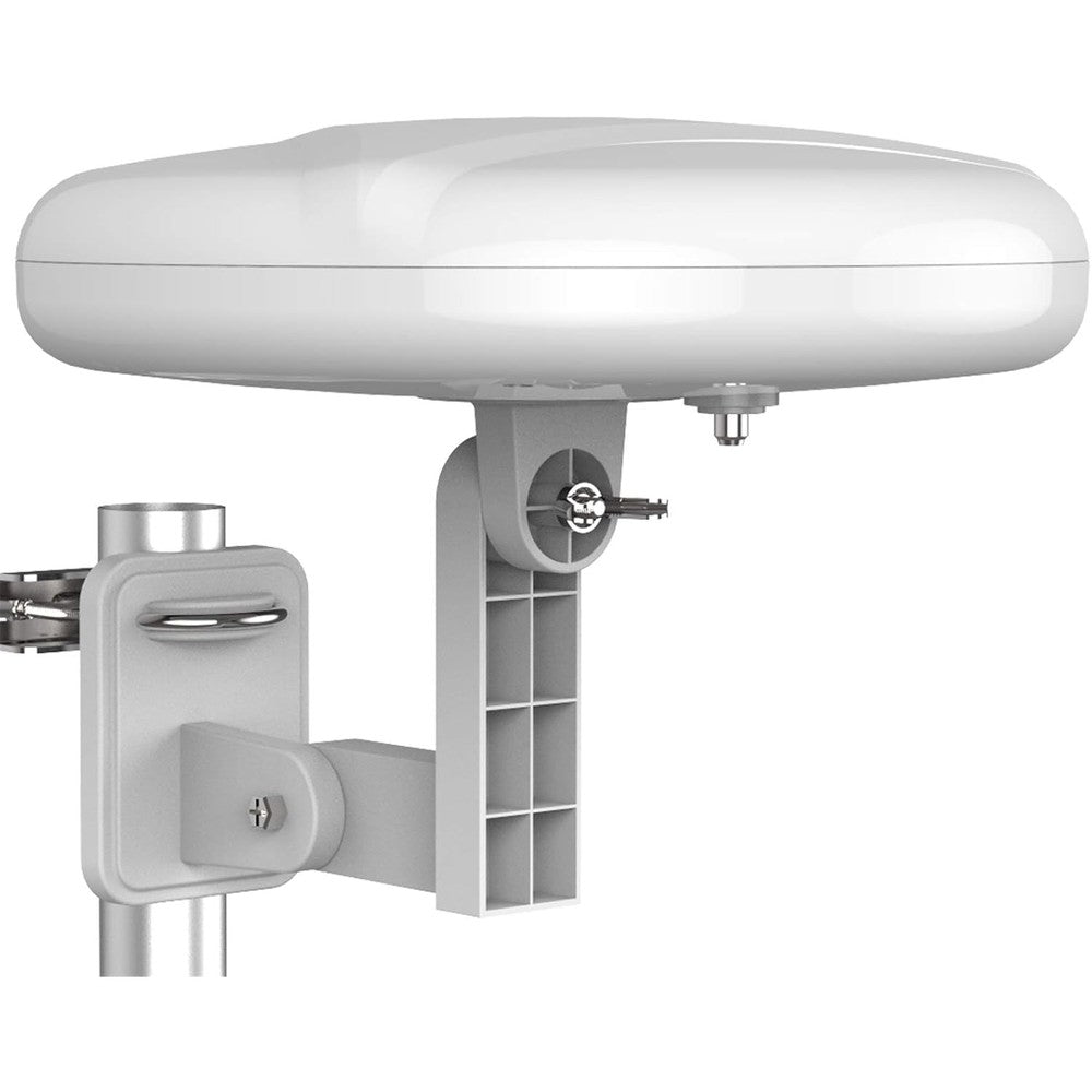 1byone Outdoor TV Antenna front view showing sleek white round omni directional design
