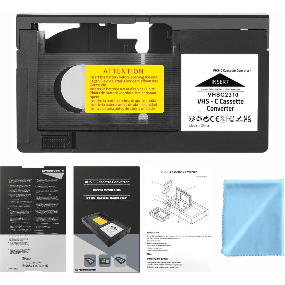 CHEEYYIIE motorized VHS-C cassette adapter front view showing internal tape loading tray