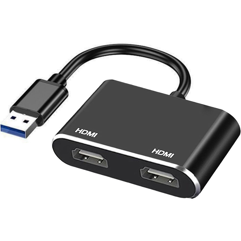 Dorwrnln USB to Dual HDMI Adapter front view showing the sleek black converter box and male USB connector cable.