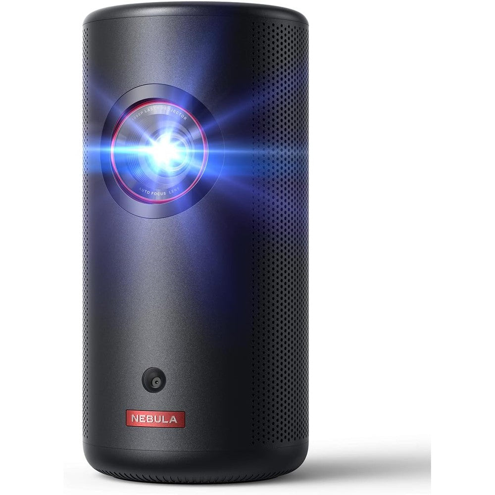 Nebula Capsule 3 Laser outdoor portable mini projector front view showing lens