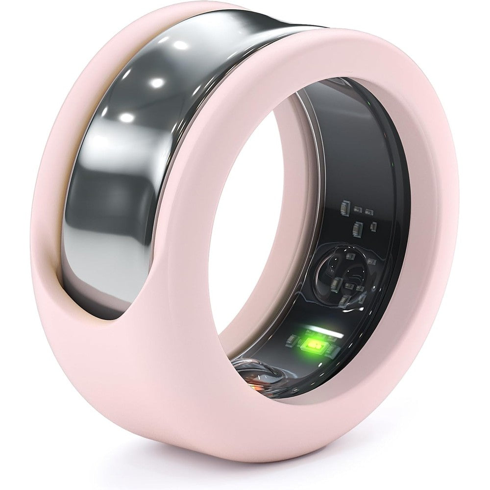 Rinfit Smart Ring Protector front view showcasing the pink silicone sleeve design.