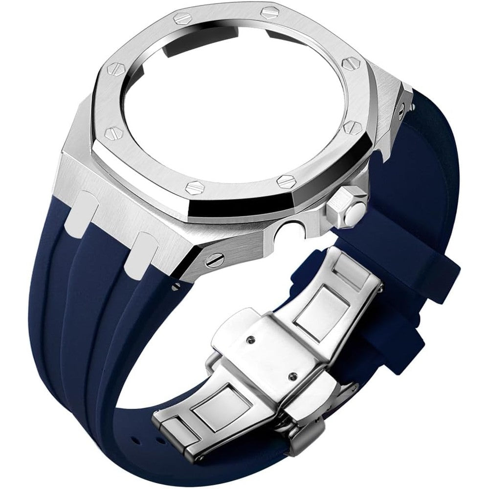 BMT GA2100 Case Band Mod Kit front view showing brushed silver stainless steel bezel and blue silicone strap.