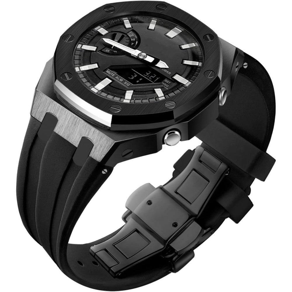 SRDZ GA2100 watch strap case mod kit front view showing matte black metal bezel and silicone band