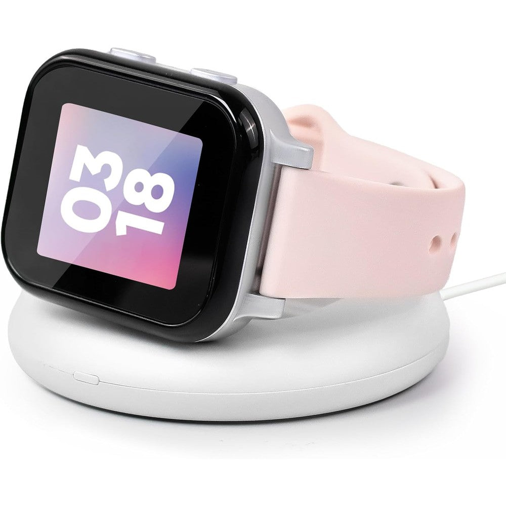 NewJourney Gabb Watch charging stand white front view on a clean kid study desk.