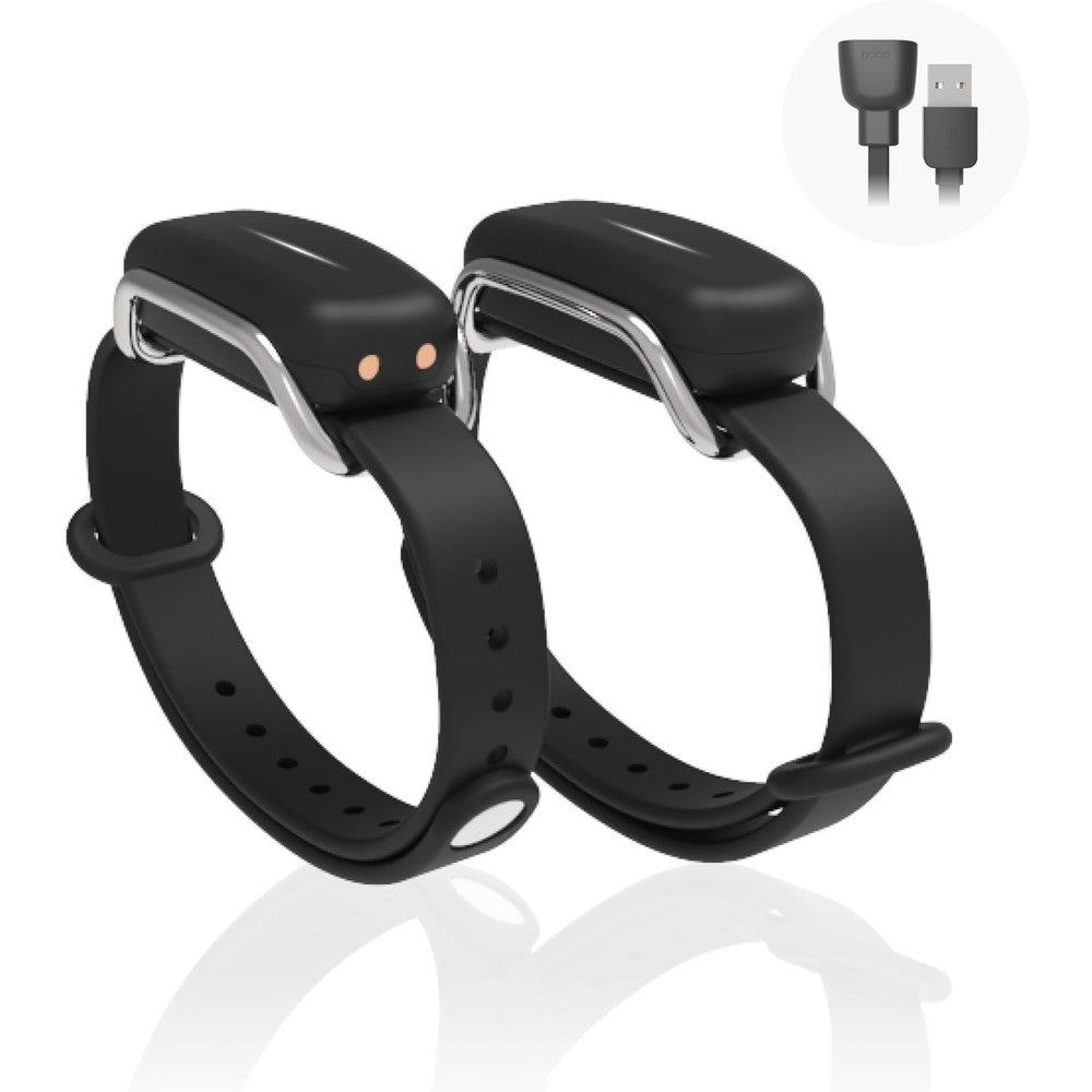 BOND TOUCH pair of long distance connection bracelets front view showing silver loop and black band