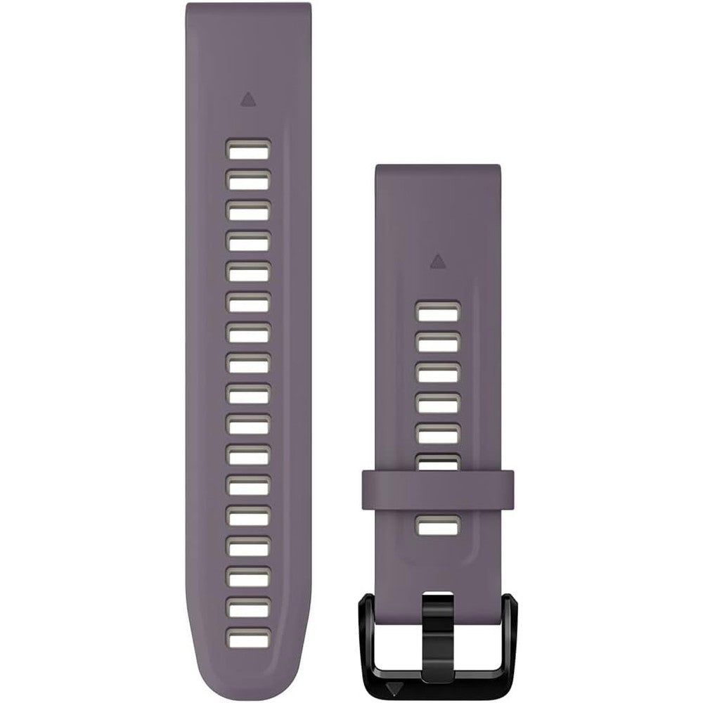 Garmin QuickFit 20 mm Watch Band in Deep Orchid and Light Sand front view showing secure silicone strap texture.