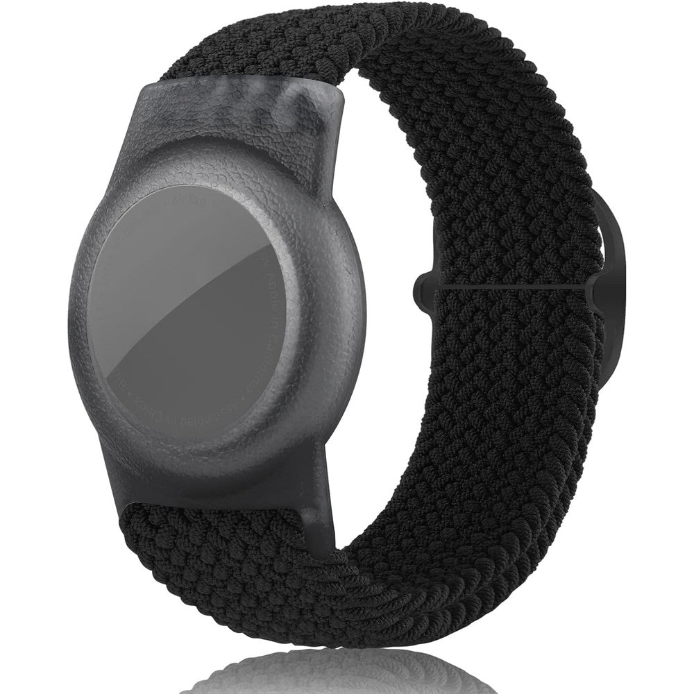 Yizhet AirTag wristband front view showing black braided nylon strap