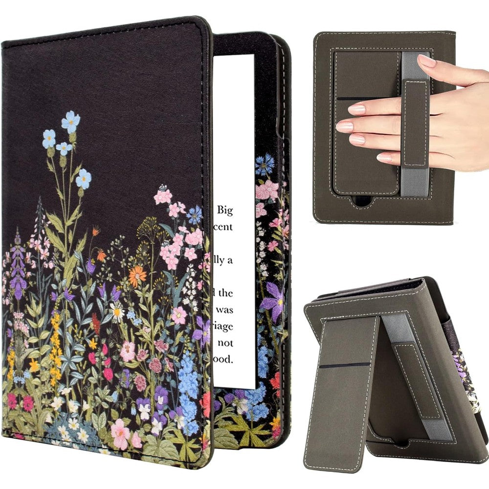 Kerom floral Kindle Paperwhite case front view with stand