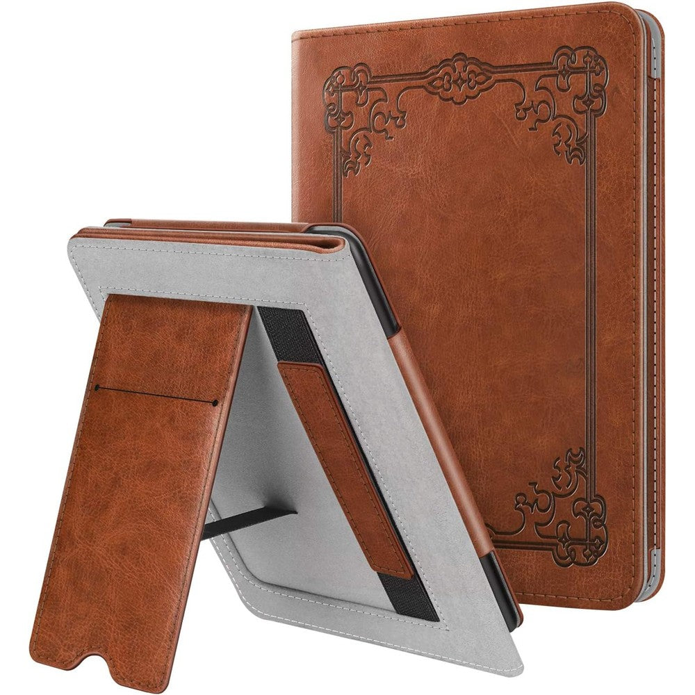 Fintie stand case for 6 inch Kindle Paperwhite front view showing vintage brown leather finish.