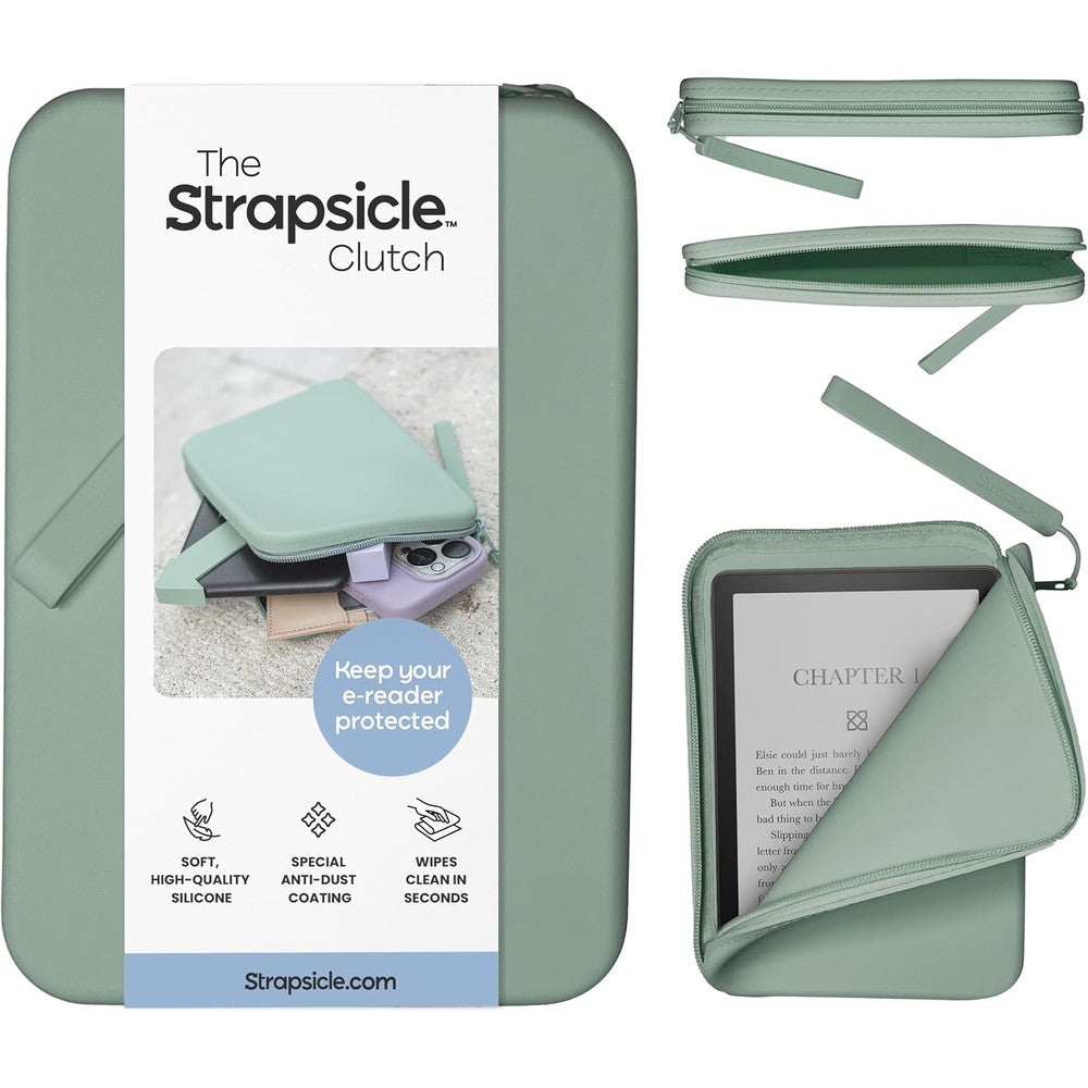 Strapsicle Silicone Clutch in Sage front view holding an e-reader