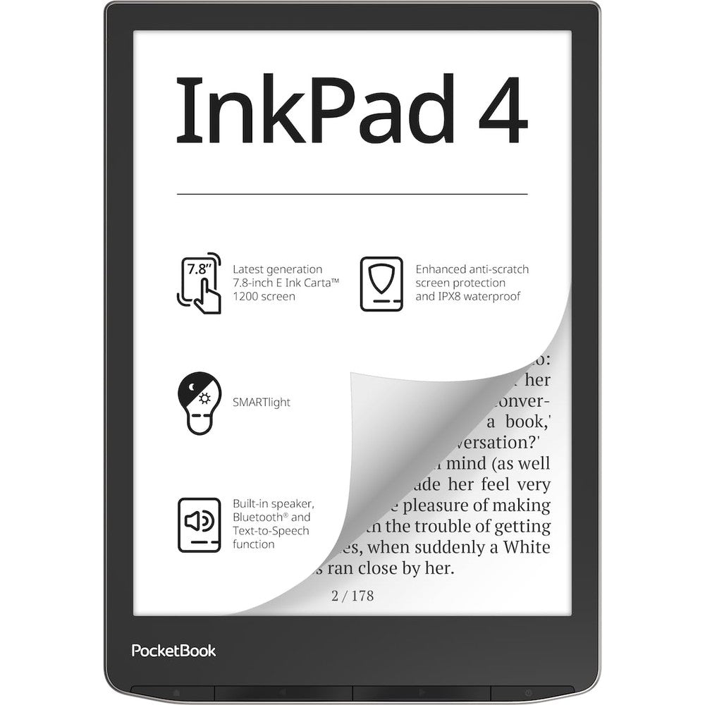 PocketBook InkPad 4 front view with high resolution E-Ink display