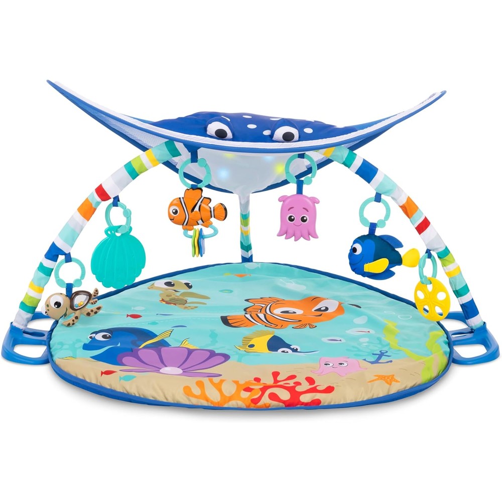 Bright Starts Disney Baby Finding Nemo activity gym front view showing the full illuminated Mr. Ray canopy and hanging character toys.
