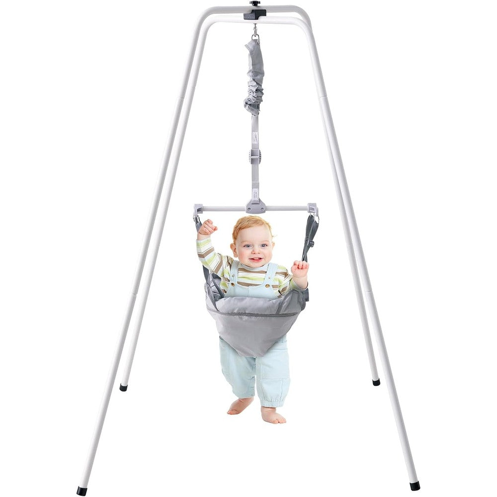 Vevor baby jumper with stand front view showing grey fabric seat