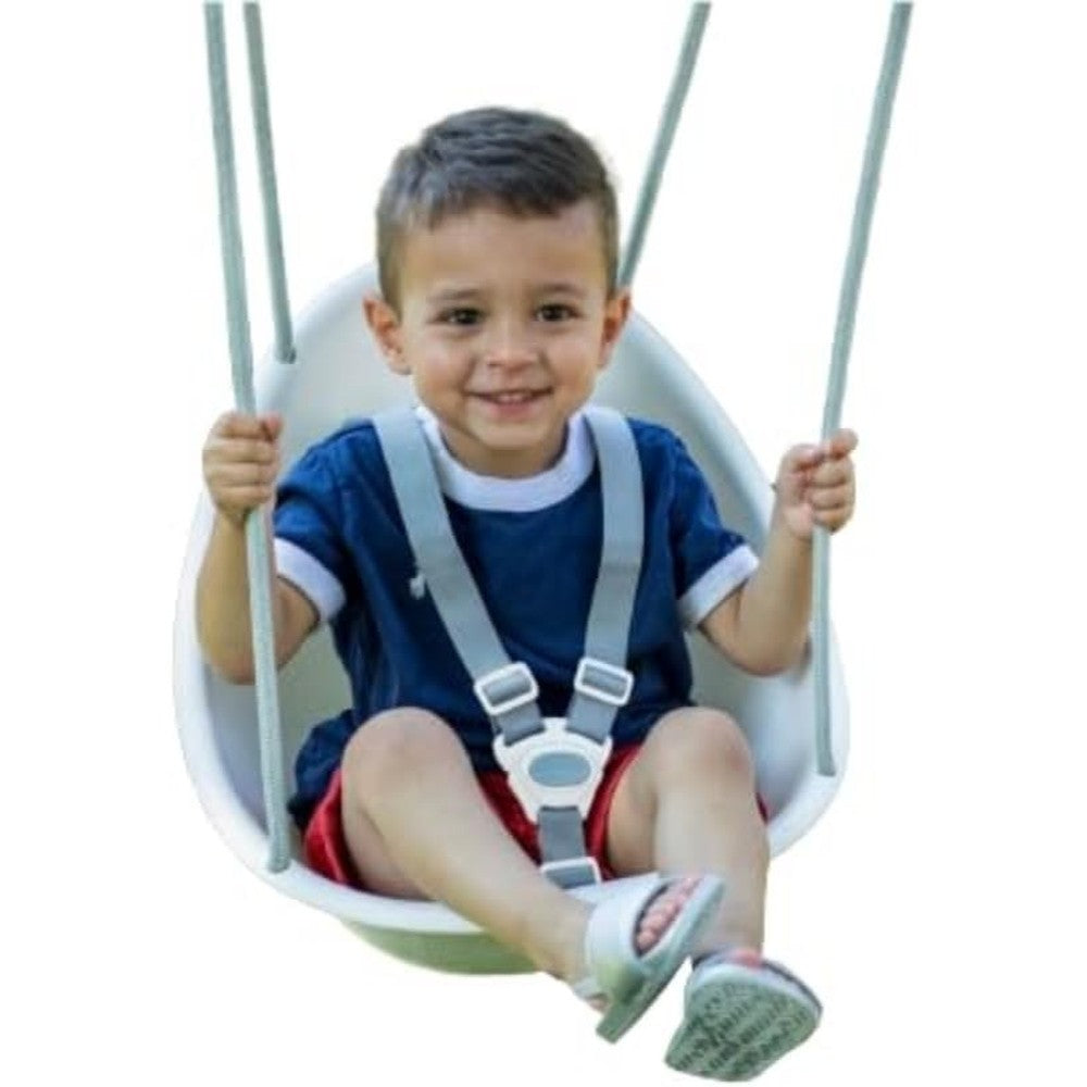 Swurfer Coconut toddler swing front view of the white ergonomic shell seat.