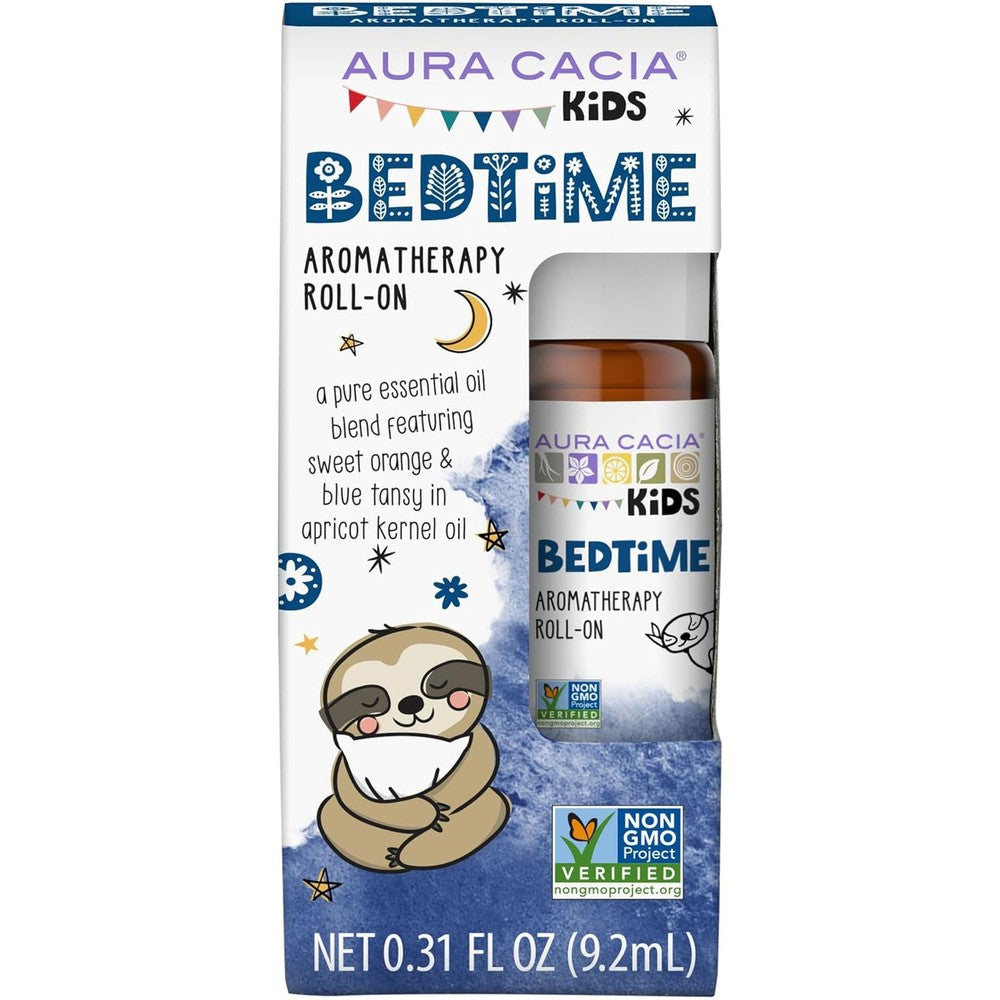 Aura Cacia Kids Bedtime Aromatherapy Roll-On front view with sloth illustration.