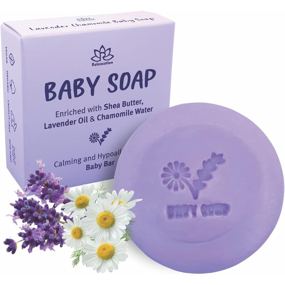 Relaxcation Lavender Chamomile Baby Soap Bar front packaging view