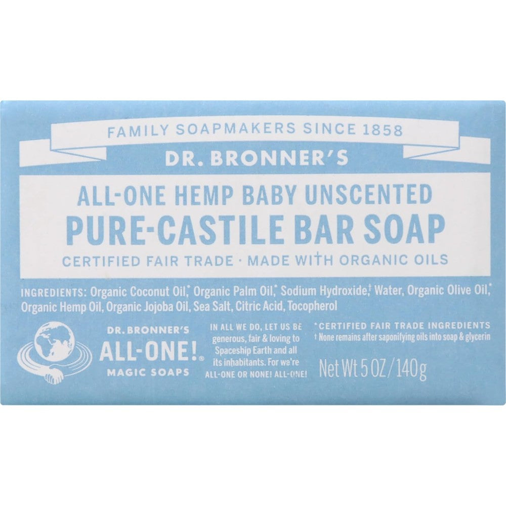 Dr. Bronner's Mild Baby Unscented Pure Castile Bar Soap front view organic sensitive skin cleanser