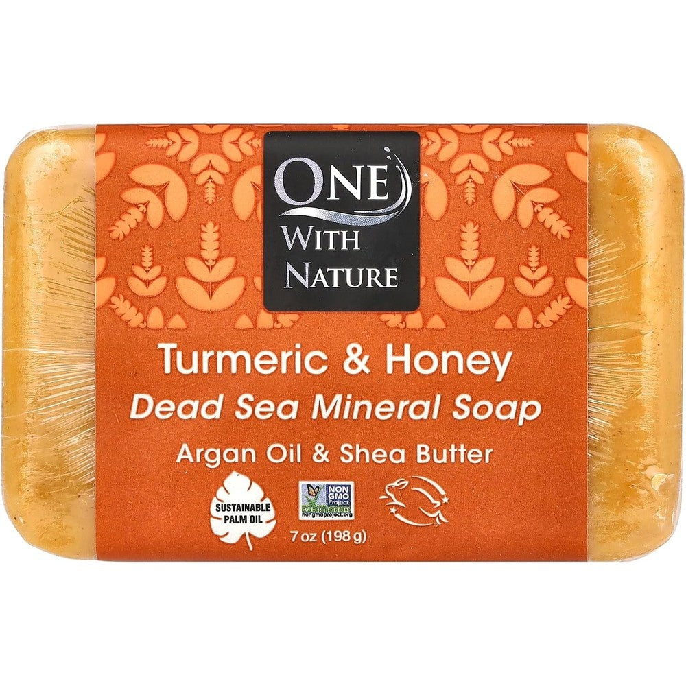 One With Nature Turmeric and Honey Soap Bar front view for glowing skin