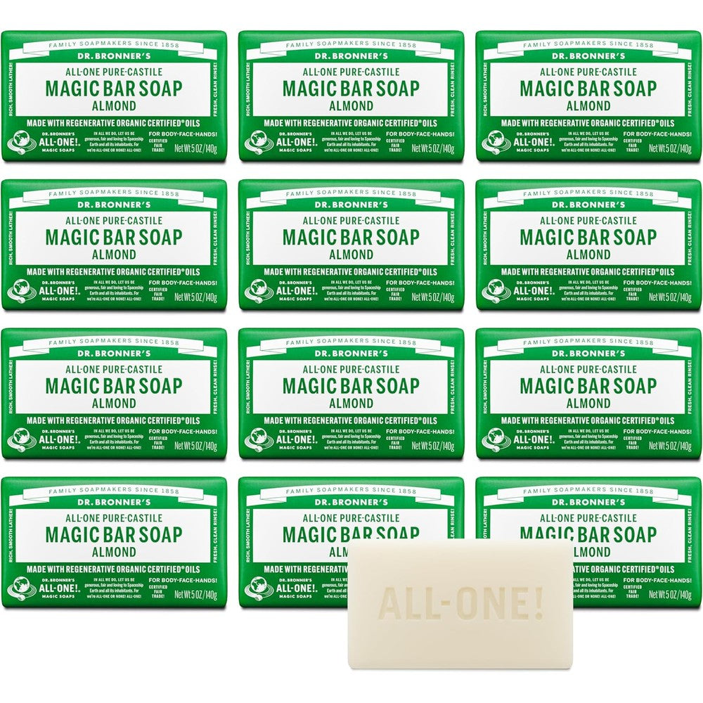 Dr. Bronner's Pure-Castile Magic Bar Soap Almond 12-Pack front view display