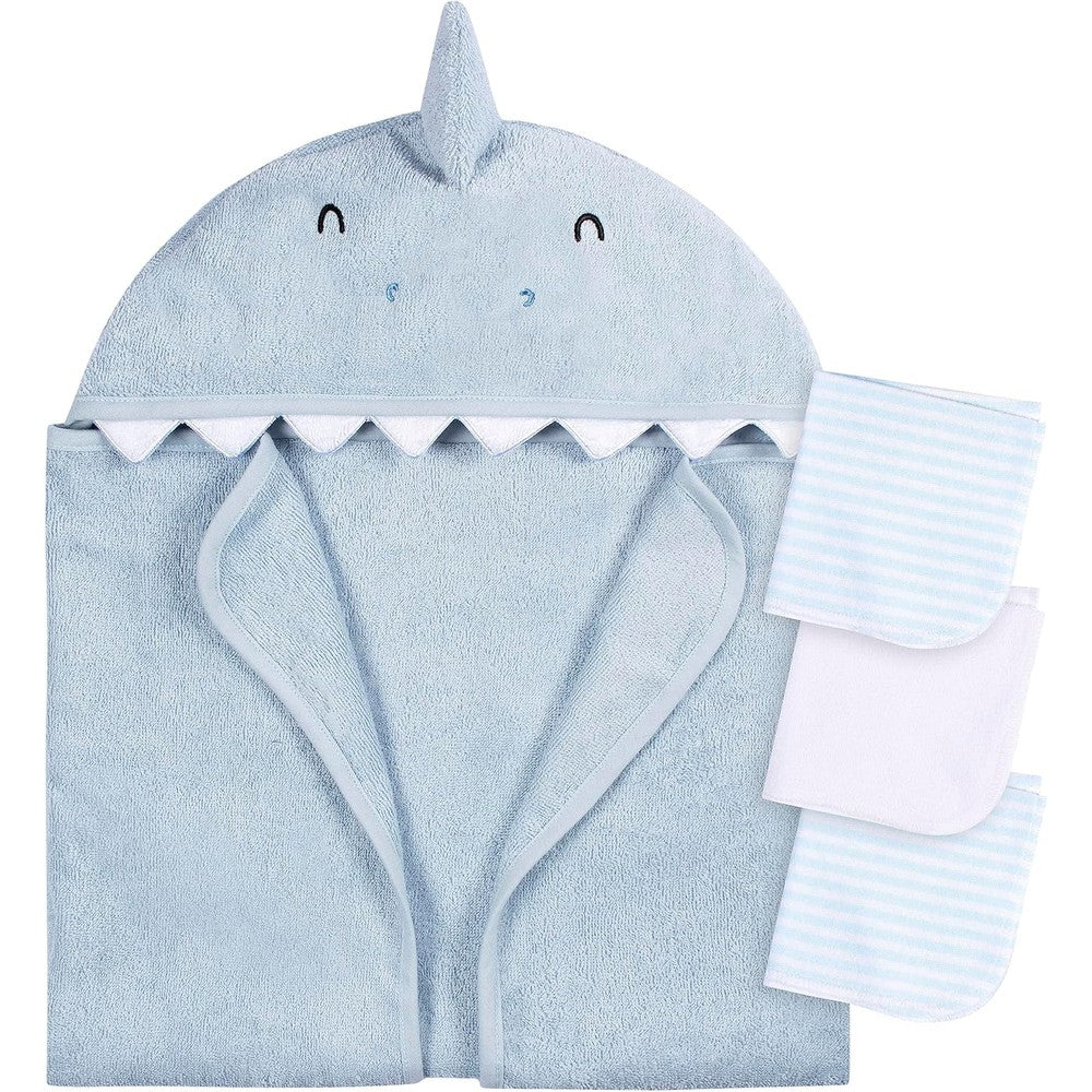 Gerber baby blue shark hooded towel and washcloth set front view