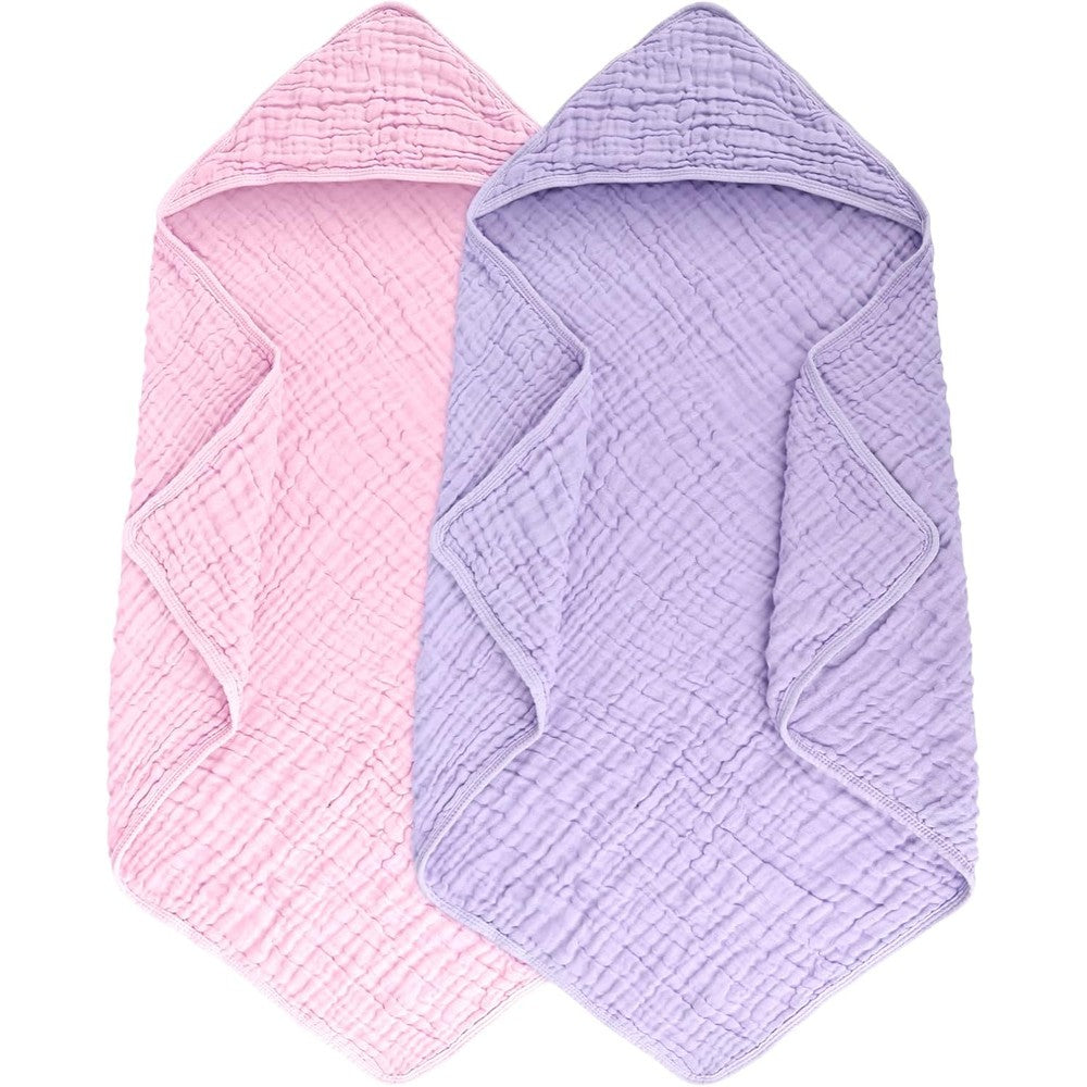 Synrroe 2 Pack Hooded Muslin Cotton Baby Towels in Pink and Purple front view