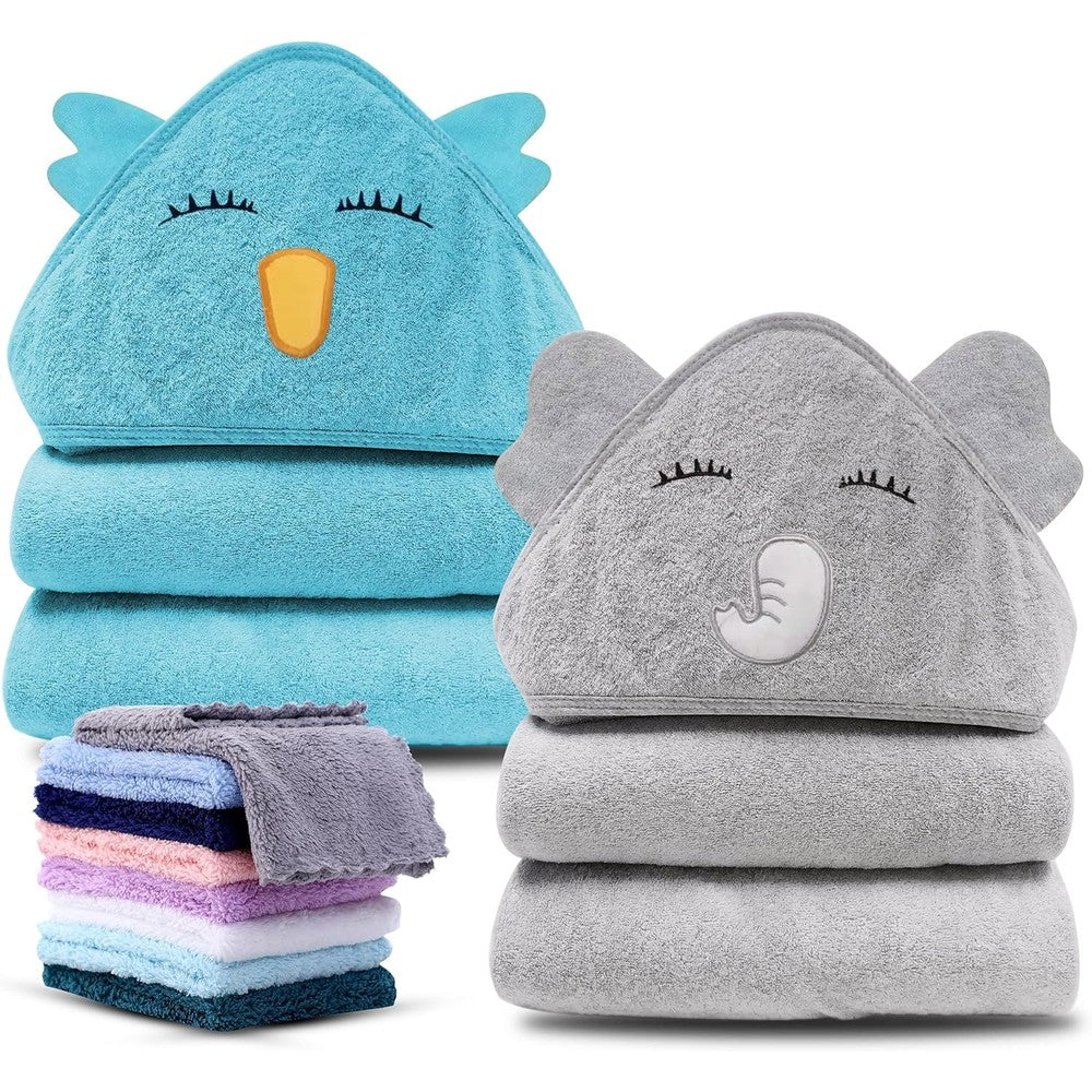 Cute Castle 2 pack hooded baby towel set with elephant and bird design
