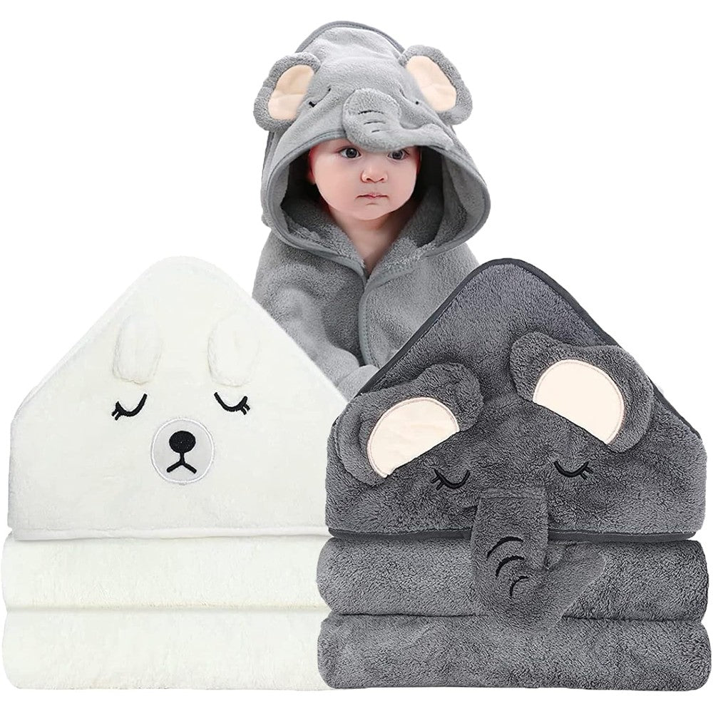 Roxanepig 2 pack hooded baby towels elephant and bear design front view