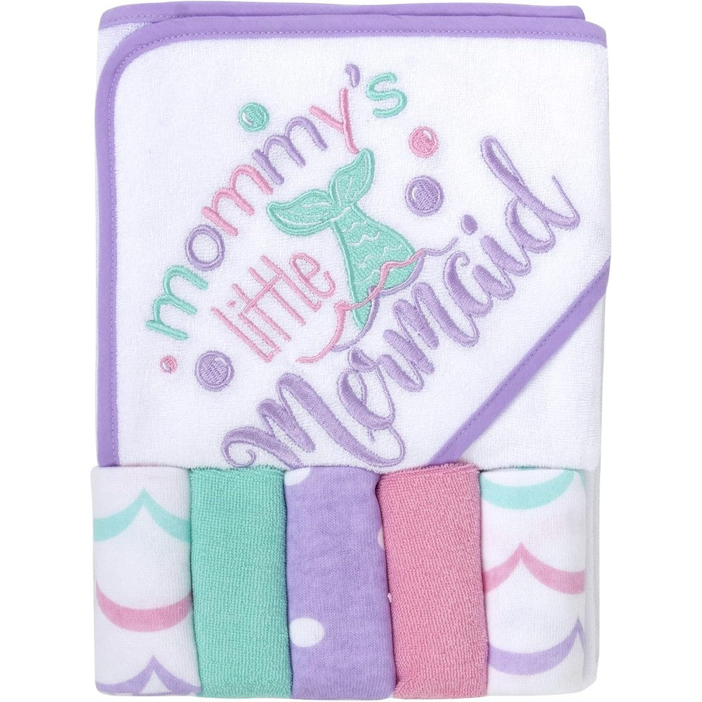 Baby Essentials Mommy's Mermaid hooded towel and washcloth set front view