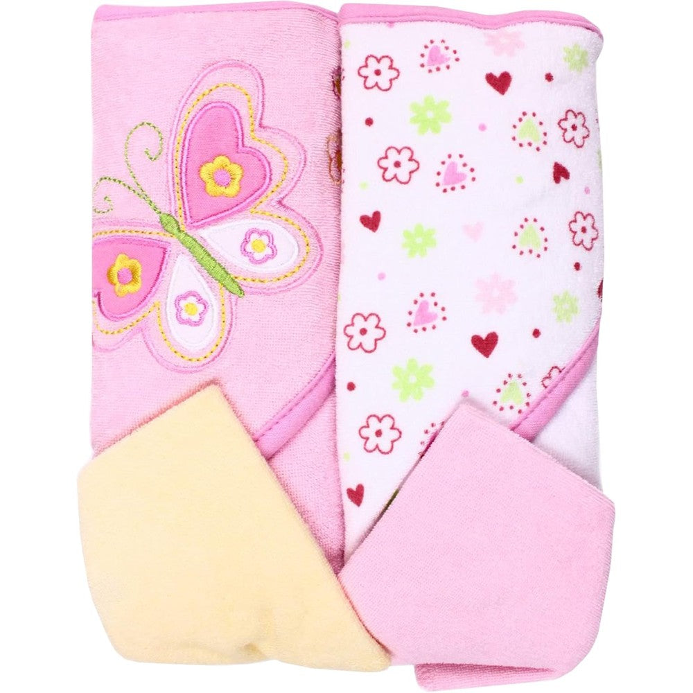 Spasilk hooded bath towel and washcloth set pink butterfly front view